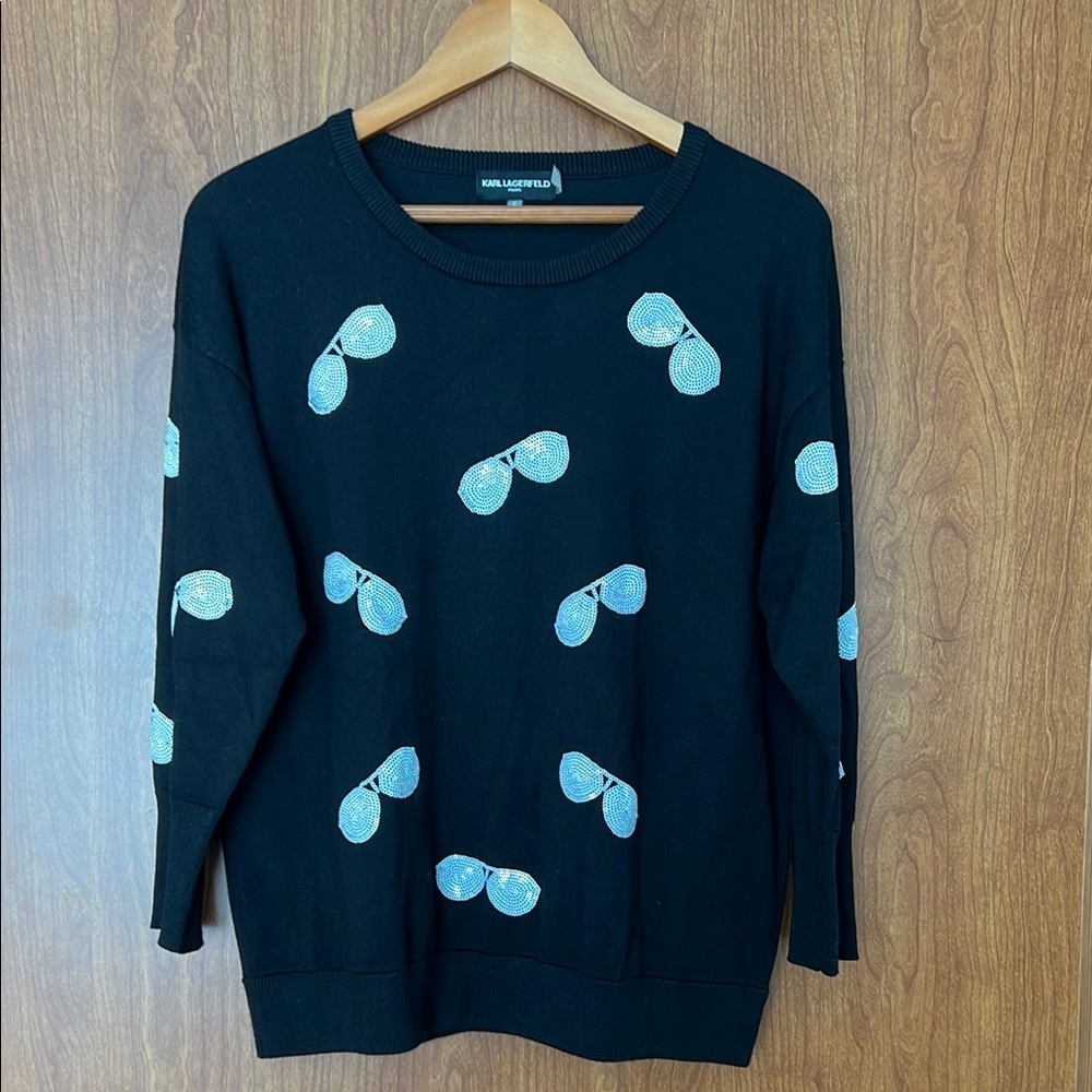 Karl Lagerfeld Black Sweater with fun white Sunglasses Motif